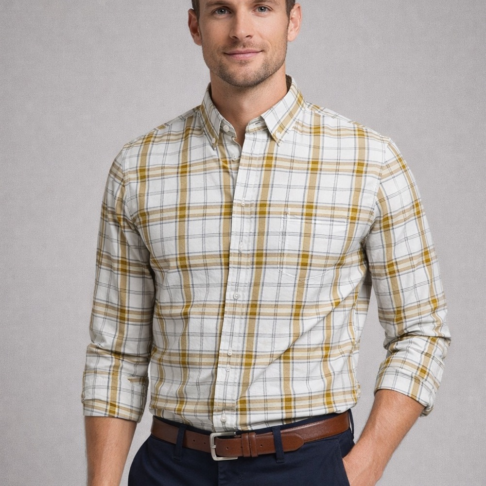 Bonobos Slim Fit Button Down Shirt Men’s size‎ Medium white mustard Plaid